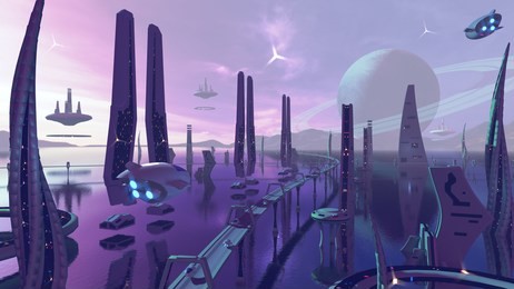 a 3d rendering of a futuristic city. the architecture in the galaxy has modern buildings in fantasy neon colors.