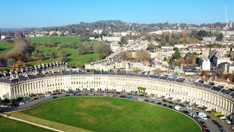 aerial view of the royal crescent in bath, somerset, united kingdom