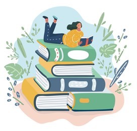 vector cartoon illustration of girl lies on pile of books with open book in her hands. concept illustration of earning, distance studying and self education. young woman student character