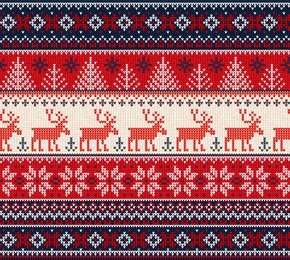 ugly sweater merry christmas happy new year vector illustration knitted background seamless pattern folk style scandinavian ornaments. wallpaper wrapping paper textile print. white, red, blue colors.