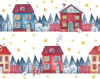 cozy houses on the background of a snowy forest and stars. watercolor pattern on a white background.