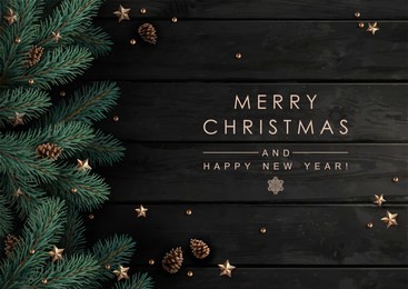 christmas tree branches with fir-cones, gold stars and beads  on dark wooden   background.