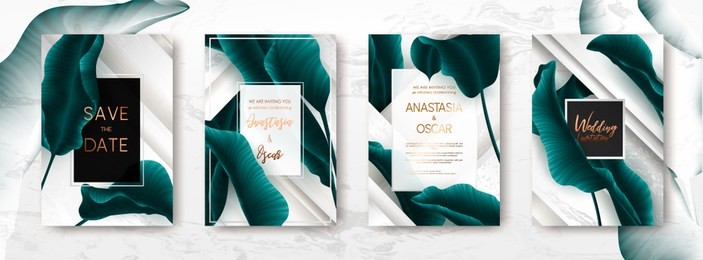 wedding invitation with palm leaves, gold, black, white marble template, artistic covers design, colorful texture, modern backgrounds.trendy pattern, graphic gold brochure.luxury vector illustration