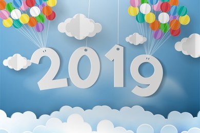happy new year 2019,balloon over cloud with greeting card cover design template,paper art style.