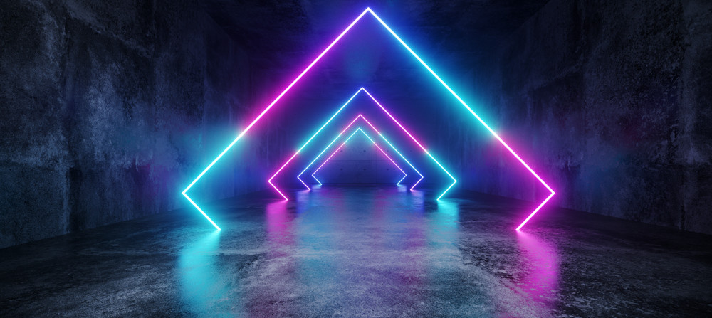 elegant modern futuristic sci fi grunge concrete reflective long empty tunnel corridor with neon glowing triangle shapes purple blue pink red background 3d rendering illustration