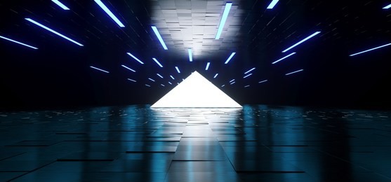 modern sci fi elegant futuristic dark empty reflective roof and floor and white triangle light in middle with many led blue lights background 3d rendering illustration