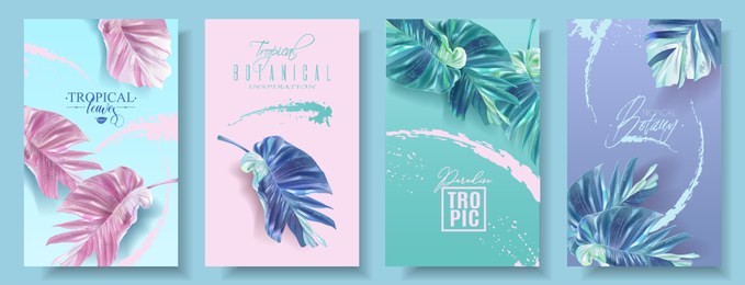 vector tropical leaf banner set on bright background. trending colors modern botany design for cosmetics, spa, perfume, health care products, fashion, aromatherapy, tourist agency, summer party