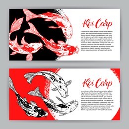 two beautiful card of koi carps and red circular stroke. hand-drawn illustration