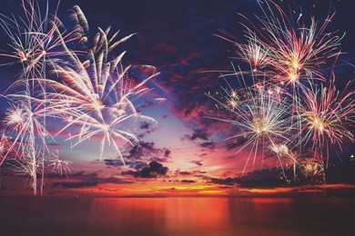 new year 2019 concept, firework with sky and beach at sunset