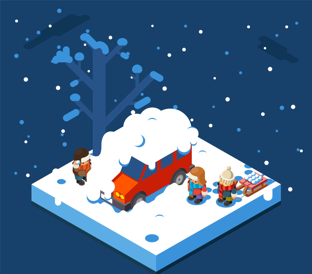 isometric snowball winter boys walking sleigh snow background flat design vector illustration