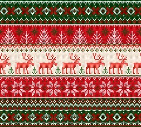 ugly sweater merry christmas happy new year illustration knitted background seamless pattern folk style scandinavian ornaments. wallpaper wrapping paper textile print. white, red, green colors.