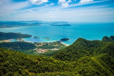 scenery of blue sky, sea and mountain view from cable car viewpoint, langkawi island, malaysia. landscape with tropical forest, beaches, small islands in seas of strait of malacca