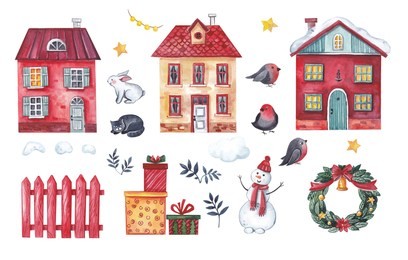 a large christmas card set of christmas elements in the form of houses, a snowman, a fence, bullfinches, a cat, a hare, gifts, stars, garlands.