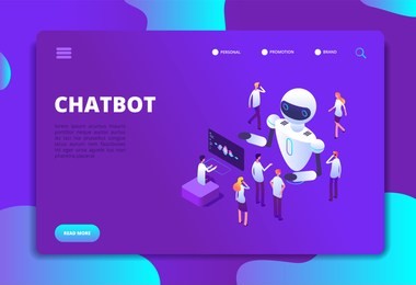 chatbot isometric concept. bot chatting with people. artificial intelligence conversation future technology vector landing page