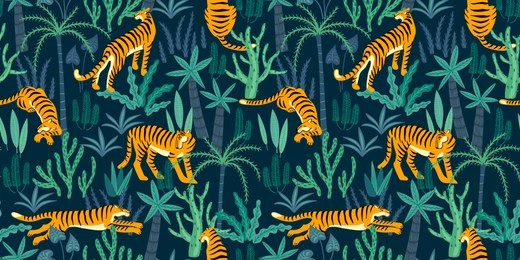 seamless exotic pattern with tigers in the jungle. vector hand draw design.