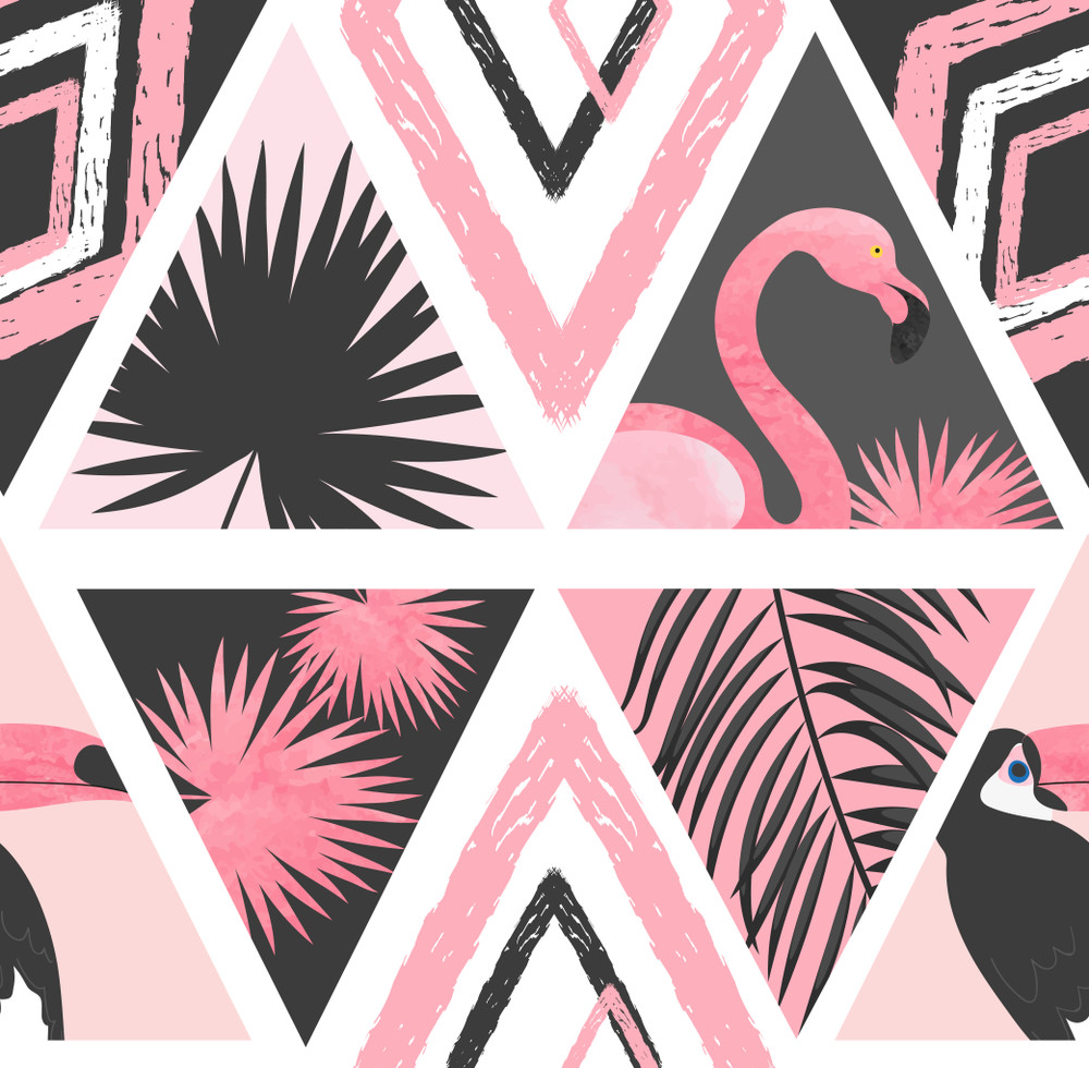 seamless abstract tropical pattern. vector trendy background with flamingo, palm leaves.