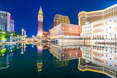beautiful architecture building of venetian and other hotel resort and casino in macau city at night