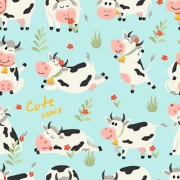seamless pattern with cute cows character in various positions. vector illustration for your design