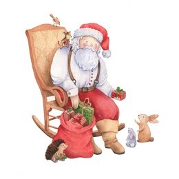christmas watercolor on white background. santa claus and happy animals with bag of christmas gifts. new year card.