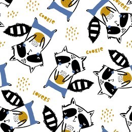 seamless childish pattern with cute raccoons with cookies. creative kids monochrome texture for fabric, wrapping, textile, wallpaper, apparel. vector illustration