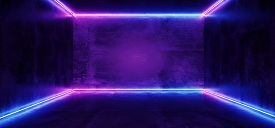 elegant sci fi minimalistic futuristic dark grunge concrete room with pink purple blue glowing neon tube lines with reflection empty space for text 3d rendering