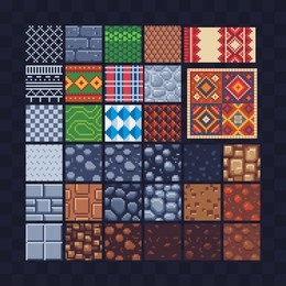 different texture tile seamless pattern set  for pixel art style game, ground or stone and turkish carpet oriental pattern. isolated vector illustration. 8-bit. design for stickers, logo, mobile app.