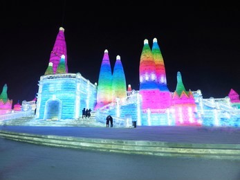 beautiful scenery of ice sculpture and lighting of international ice and snow sculpture festival at harbin, heilongjiang, china.