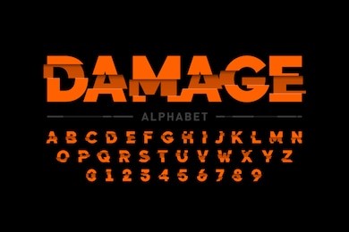 damaged font design, alphabet letters and numbers vector illustration