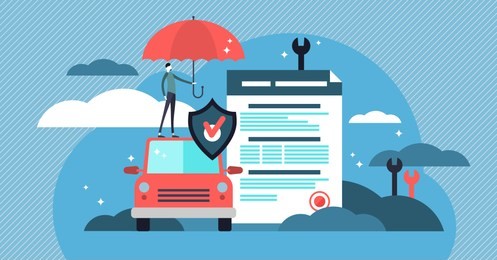 car insurance vector illustration. stylized motor with agreement and umbrella. protection, warranty and shield symbol that guards vehicle from accident, damage or collision. people protection business