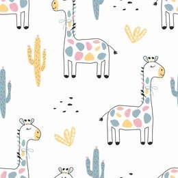 seamless giraffe pattern, cactus and tropical flowers. vector illustration handmade for printing on t-shirts, bed linen, children's clothing and utensils. cute baby background.