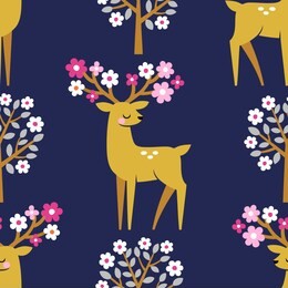 seamless vector pattern with cute deers and blooming trees on dark blue background. 
