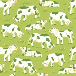 vector cows on the field seamless pattern background with hand drawn elements.