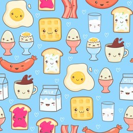 kawaii breakfast. various tasty food with faces. hand drawn vector seamless pattern. colored version. blue background