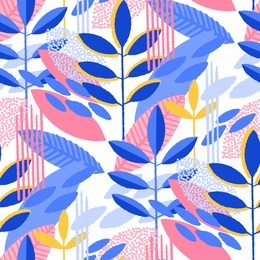 abstract seamless pattern of minimalistic leaves in vibrant colors. modern vector design
