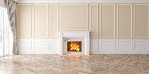 classic empty beige interior with fireplace, curtain, window, wall panels, 3d render, illustration, mockup, wide picture.