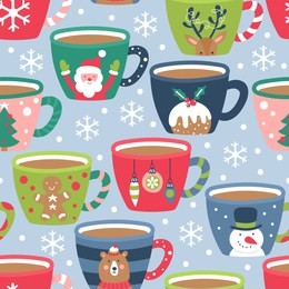 seamless pattern for christmas holiday with cocoa chocolate cup. childish background for fabric, wrapping paper, textile, wallpaper and apparel. vector illustration