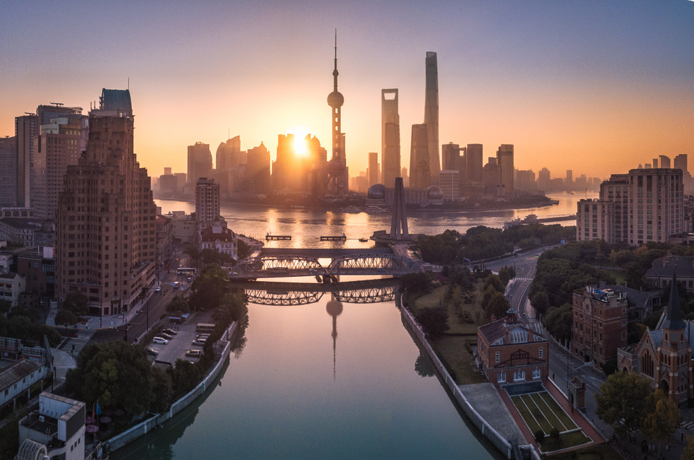 sunrise panoramic view of waibaidu bridge and the bund, shanghai