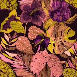 creative seamless pattern with tropical leaves and flowers. trendy texture with hand drawn exotic plants.
