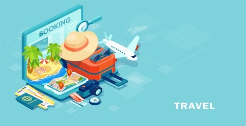 tourism and booking app concept. vector of travel equipment and luggage on a mobile laptop touch screen