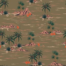 stylish retro summer mood seamless island pattern  landscape with palm trees,beach and ocean vector hand drawn style on vintage brown background.