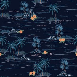 dark summer night mood seamless island pattern  landscape with palm trees,beach and ocean vector hand drawn style on navy blue background.