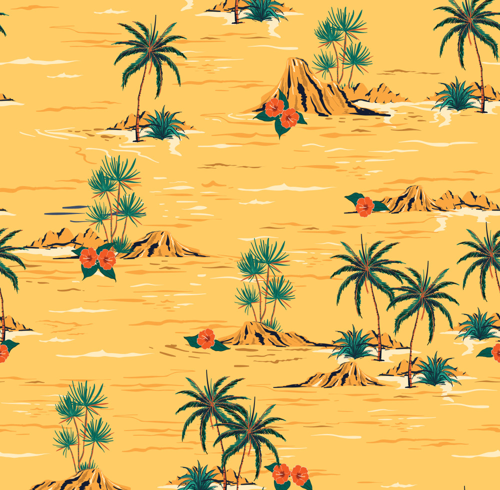 bright summer mood seamless island pattern  landscape with palm trees,beach and ocean vector hand drawn style on yellow background.