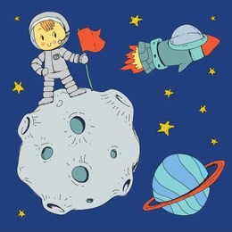 cartoon space for children. moon, stars, planet, asteroid, astrounaut, rocket, spaceship and ufo. adventure, travel, exploration around universe.