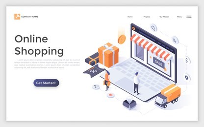 landing page with people or buyers, giant laptop computer with store front on screen and place for text. modern isometric vector illustration for online shopping advertisement, internet retail promo.