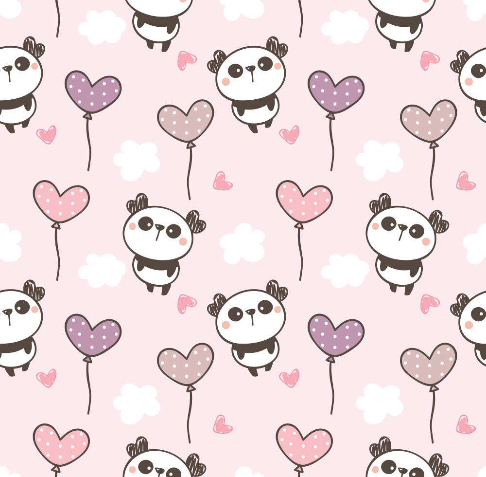 seamless pattern with cartoon panda, heart, balloon and cloud design on pastel pink background