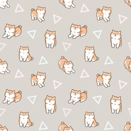seamless pattern of cute cartoon shiba inu dog design on warm grey background with geometric triangles