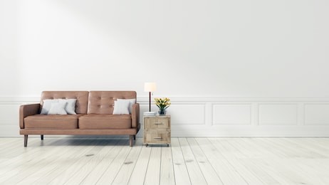 living room with leather sofa have pillows, minimal rustic, 3d rendering