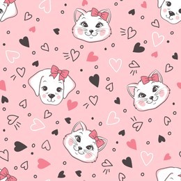vector seamless childish funny pattern with hearts and cute cartoon cats and dogs on pink background