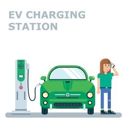 young woman talks on call phone while waiting for her modern eco friendly electric car to recharge its batteries from ev charging station. flat style vector illustration. 