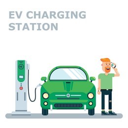 young man talks on call phone while waiting for his modern eco friendly electric car to recharge its batteries from ev charging station. flat style vector illustration. 